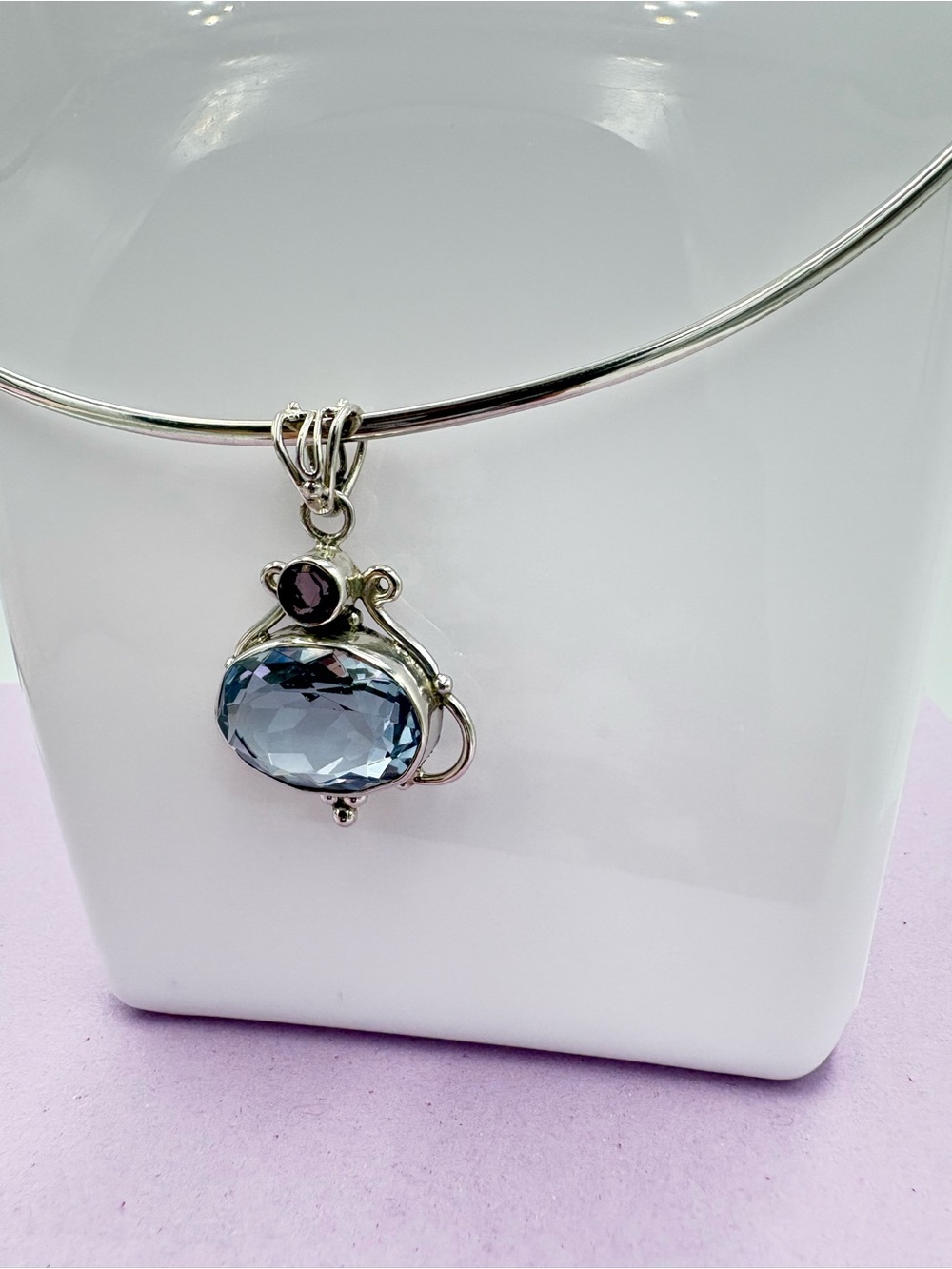 Elegant 925 Silver 10 CT Faceted Aquamarine & Amethyst Pendant - (Pendant Only) - Picture 5 of 16